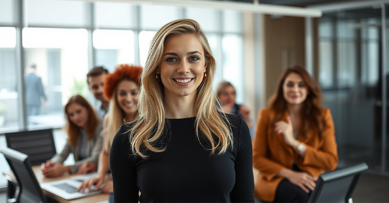 Team Psychology • Roche Leadership Confident professional woman smiling in front of her colleagues in an office setting, representing team success.