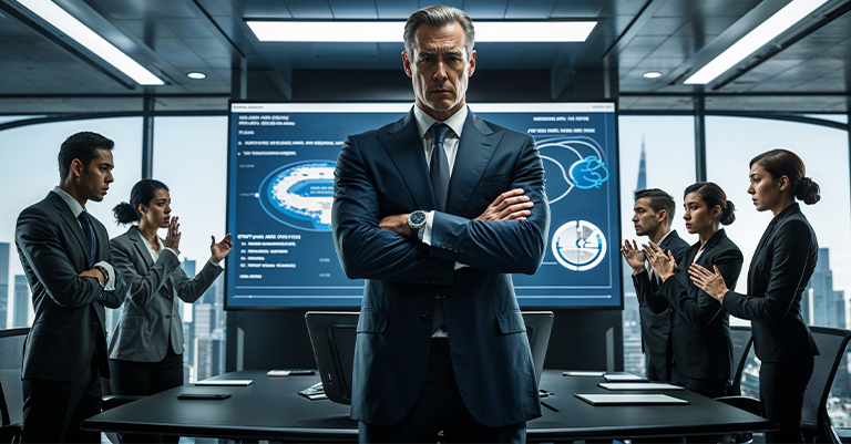 Autocratic_2 • Roche Leadership A stern businessman in a suit stands with arms crossed in a modern conference room while colleagues debate in the background.
