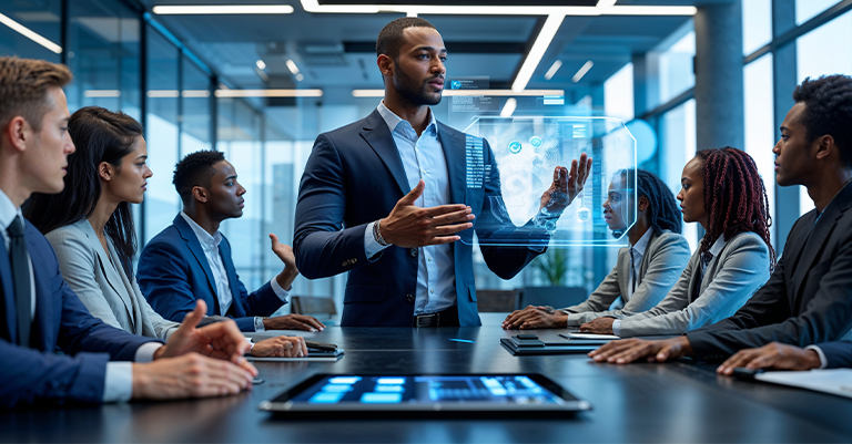 Autocratic_3 • Roche Leadership A businessman presents futuristic holographic data to a diverse team in a modern conference room.