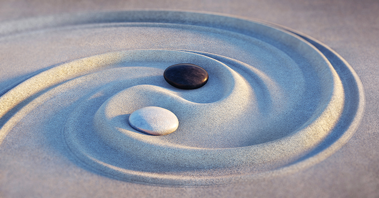 Autocratic_4 • Roche Leadership A yin-yang pattern in sand with a black and white stone placed in opposite curves.