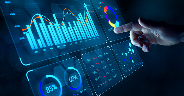 TeamPerform_1 • Roche Leadership A hand interacts with futuristic digital dashboards showing bar graphs, pie charts, and performance metrics to analyze data and team productivity.
