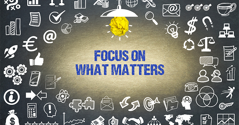 TimeMgmt_2 • Roche Leadership "Focus on What Matters" written on a chalkboard surrounded by various business icons.