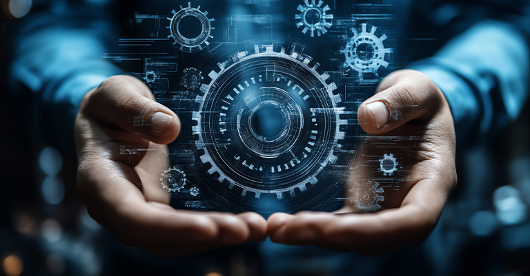 TimeMgmt_4 • Roche Leadership Hands holding digital gears representing system automation and workflow efficiency.