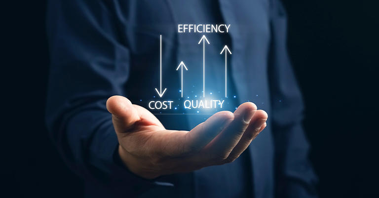TimeMgmt_7 • Roche Leadership Open hand displaying upward arrows labeled cost, quality, and efficiency.