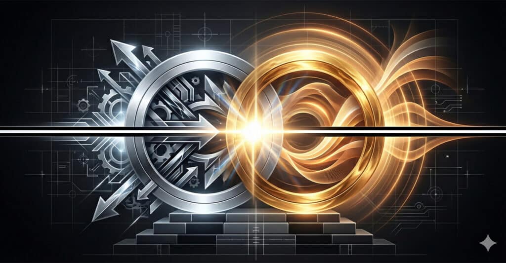 Transactional Leadership: What It Is & Why It Works 3 Illustration symbolizing transactional leadership, with a silver gear-filled circle and directional arrows representing structure and performance on one side, and a golden ring with fluid energy patterns signifying reward and response on the other, joined by a central burst of light to depict balance and exchange. Set against a dark, technical blueprint background to evoke precision and systemization.