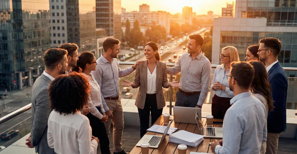 Transactional Leadership: What It Is & Why It Works 4 A confident businesswoman stands at the center of a rooftop meeting, surrounded by a team applauding and engaging with her, symbolizing the reward-driven dynamics of transactional leadership. Laptops, documents, and coffee cups on the table hint at structured goal-setting and performance-focused discussion during sunset in a corporate cityscape.