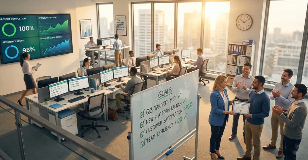Transactional Leadership: What It Is & Why It Works 5 Modern office scene showing a team applauding as a manager presents an employee with a certificate, emphasizing reward-based recognition central to transactional leadership. Performance metrics like “100% project completion” and a whiteboard with goals such as “Q3 targets met” and “customer satisfaction >95%” reinforce a results-driven, accountability-focused environment.