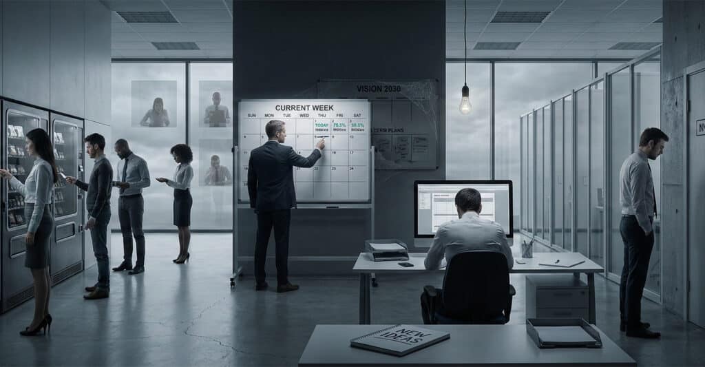Transactional Leadership: What It Is & Why It Works 8 Dimly lit office with a gray, somber tone showing employees mechanically going through tasks, including a manager updating weekly performance metrics on a whiteboard. The rigid focus on numbers, outdated long-term plans, and lack of engagement highlight the pitfalls of transactional leadership when overemphasized without motivation or innovation.