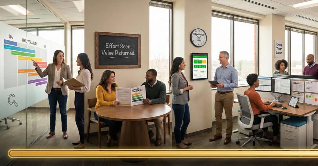 Transactional Leadership: What It Is & Why It Works 9 Bright, modern office showcasing transactional leadership through structured deliverables, visible performance dashboards, and employees reviewing a “Reward Framework” booklet. Phrases like “Effort Seen. Value Returned.” reinforce a culture where recognition and rewards are tied to measurable output and clear expectations.